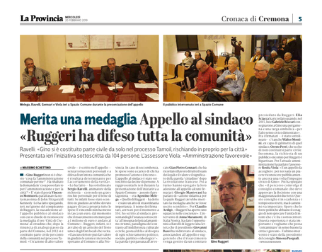 2019 02 20 * La Provincia * Merita una medaglia Appello al sindaco "Ruggero ha difeso tutta la comunità"